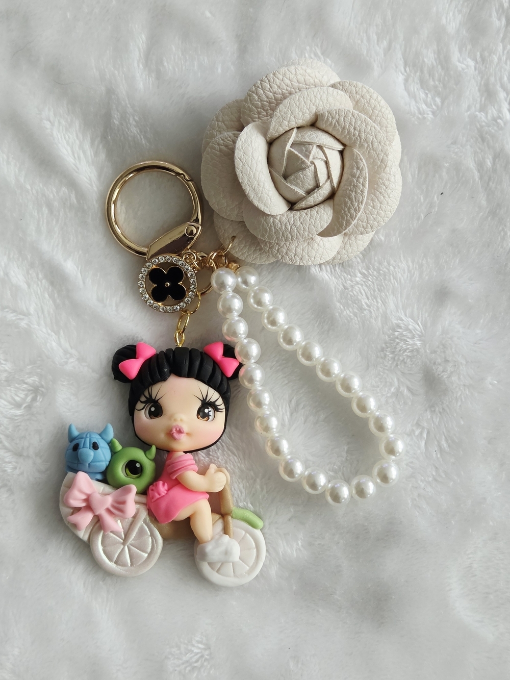 Cute Girl Bicycle Keychain with Pearl Strap Beautiful Bag Charm